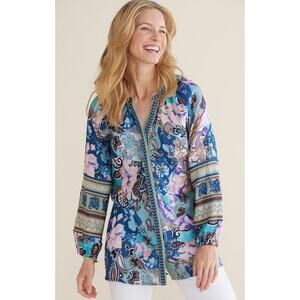Soft Surroundings Apolline Tunic Top Size XS Green Blue Floral Lagenlook Boho